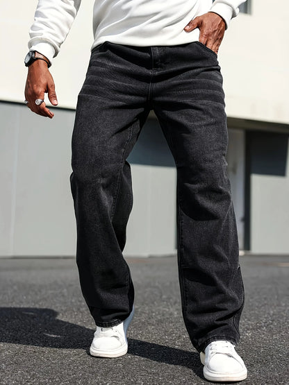 Men's Classic Straight-Leg Jeans - Cotton Blend, Dark Blue Denim, Non-Stretch, All-Season Wear, Comfort Fit with Slant Pockets