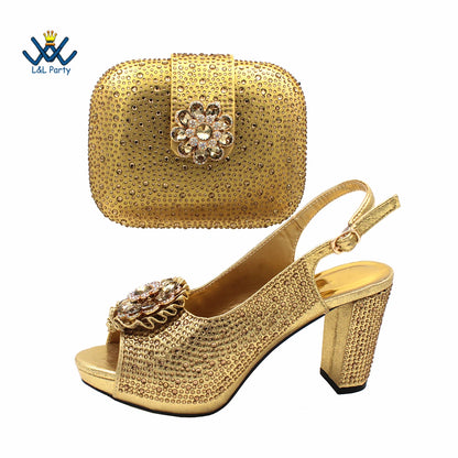 Special Design Women Crystal Style African Ladies Party Shoes Matching Bag in Magenta Color