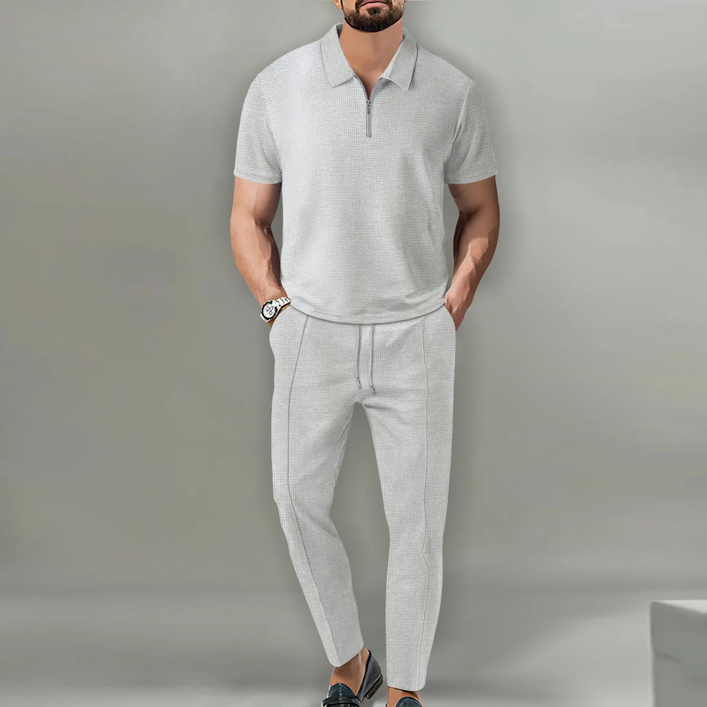 2024 New Trend Men's Sport Suit Autumn New Mens Suits Solid Color Waffle Lapel Short Sleeve Zipper Pants Set for Men