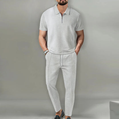 2024 New Trend Men's Sport Suit Autumn New Mens Suits Solid Color Waffle Lapel Short Sleeve Zipper Pants Set for Men
