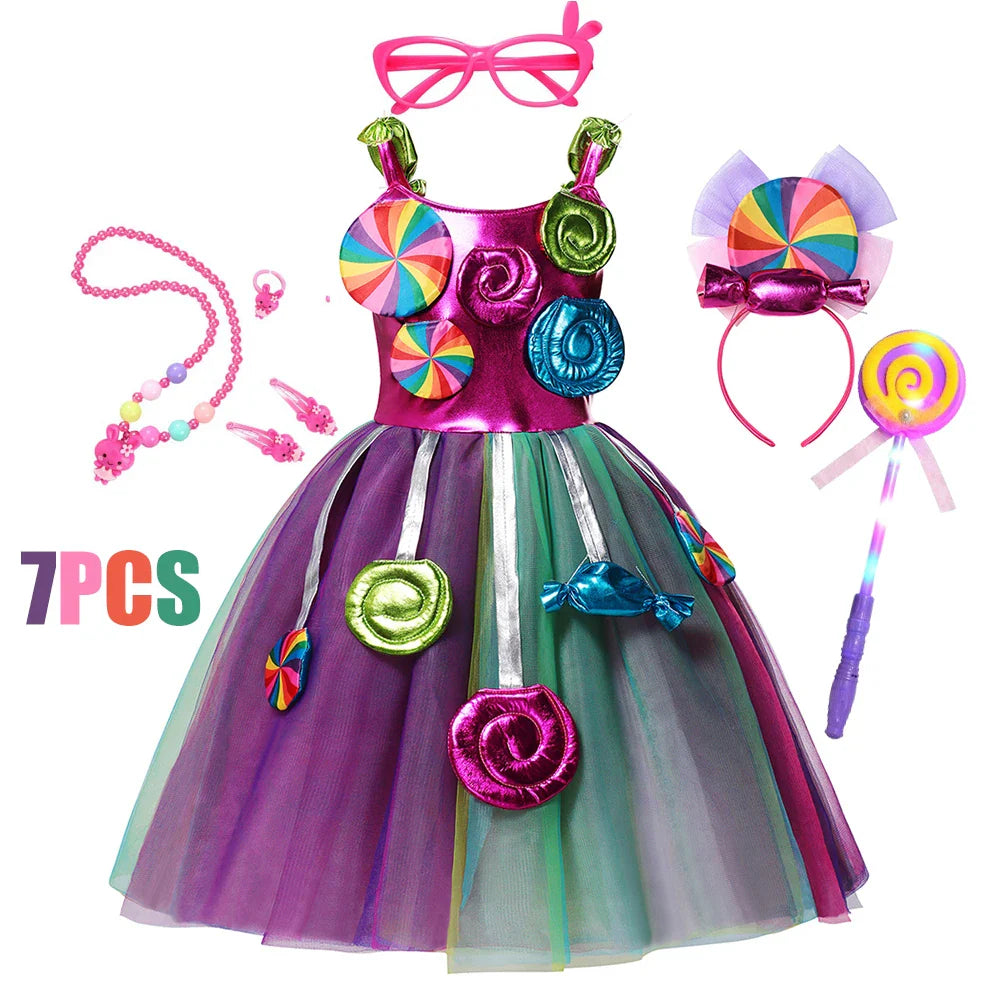 Girls Rainbow Dress Candy Costume Sweet Lollipop Festival Purim Carnival Party 3-10y Children Clothing with Candy Wing Stage Sho