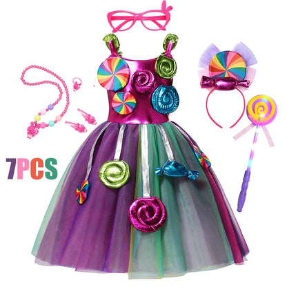 Girls Rainbow Dress Candy Costume Sweet Lollipop Festival Purim Carnival Party 3-10y Children Clothing with Candy Wing Stage Sho