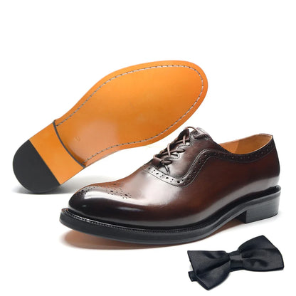 Classy Men's Oxfords Wedding Formal Shoes Handmade Genuine Leather Lace-up Brogue Round Toe Business Office Dress Shoes for Men