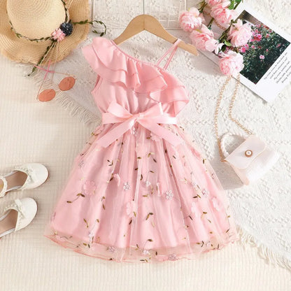 Girls Baby England Style Dresses Kids Lotus Leaf Sloping Shoulder Suspender A-line Skirt Summer Children Fashion Party Clothes