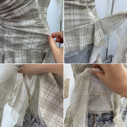 Y2K Plaid Camisole for Women Summer Casual Lace Scarf Breathable Stretch Mesh Patchwork Asymmetrical Ruffle Slim Tops