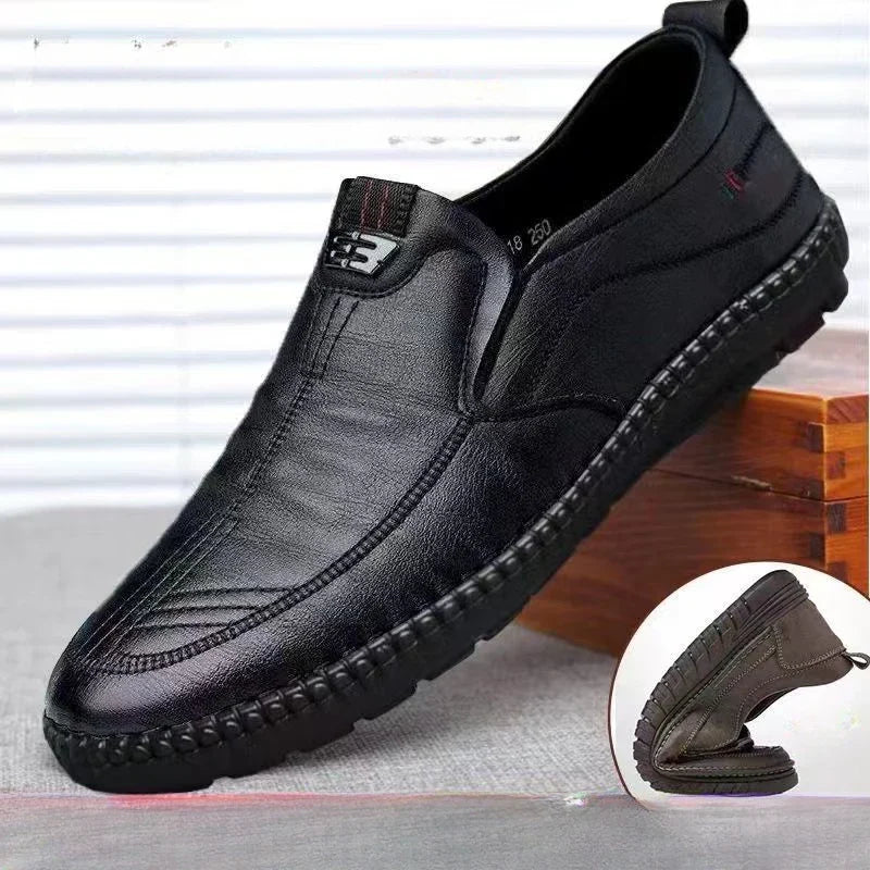 Mens PU leather slip-on loafers casual non-slip walking flats breathable shoes