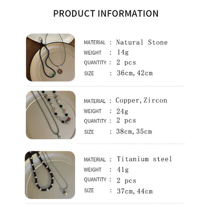 2 Pcs Vintage Peace Buckle Pendant Necklaces Natural Stone Beads Chains Choker Necklace Set Women Men Chinese Style Jewelry