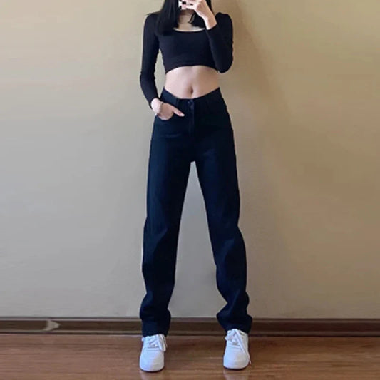 Fashionable Casual Straight Leg Women's Pure Black Jeans High Waisted Slim Fit Wide Leg Pants 2024 New Jeans