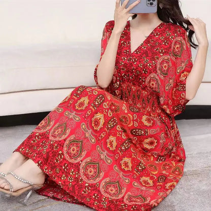 Flower V-neck Elastic Youthful Bohemian Sweet Midi Dress Woman Clothes Chic Fashion Summer Dresses 2025 Large Swing Ski
