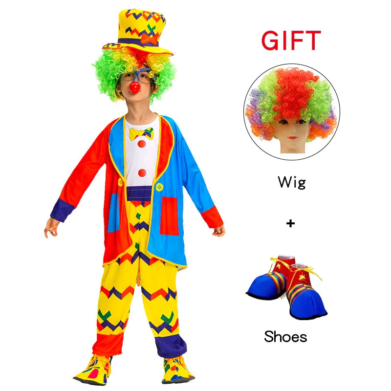 Kids Clown Cosplay Costumes Shoes and Wig Performance Funny Outfit for Girl Party Gift