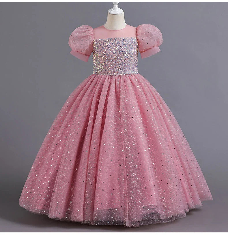 Children's Dress Girls' Princess Sequin Bubble Sleeve Long Mesh Flower Little Girl Wedding For Summer