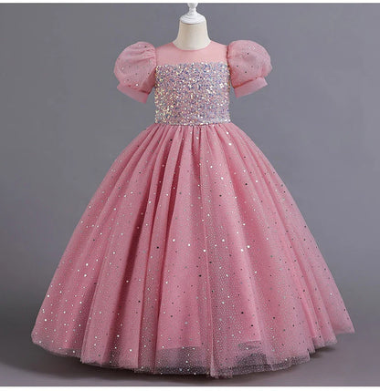 Children's Dress Girls' Princess Sequin Bubble Sleeve Long Mesh Flower Little Girl Wedding For Summer