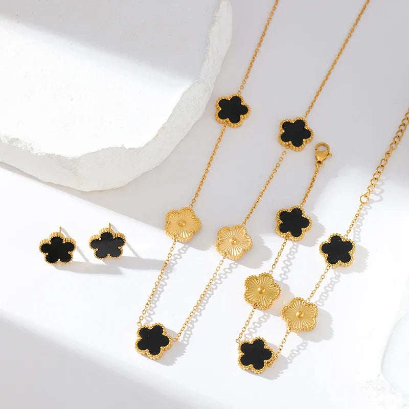 Stainless Steel White Plum Blossom Plant Leaf Flower Set Reversible Necklace Earrings Bracelet Women Clover Jewelry