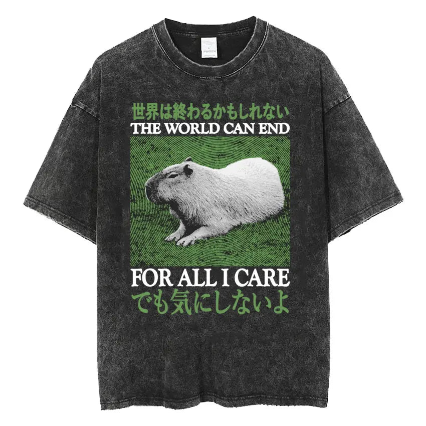 Amare Box No Thoughts Head Empty Japanese T-shirt Funny Capybara Vintage Washed T Shirt Men Women Casual Loose Short Sleeve Tees