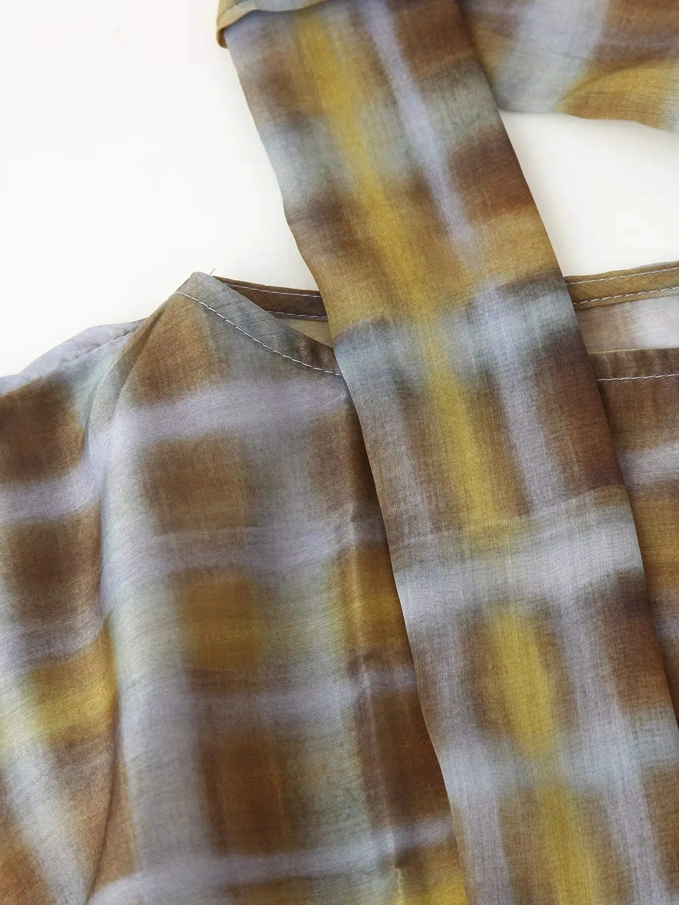 Women Fashion Plaid Print Blouse Vintage Casual Loose Asymmetric Hem Tops With Scarf Summer Thin Female Holiday Beach Outfits