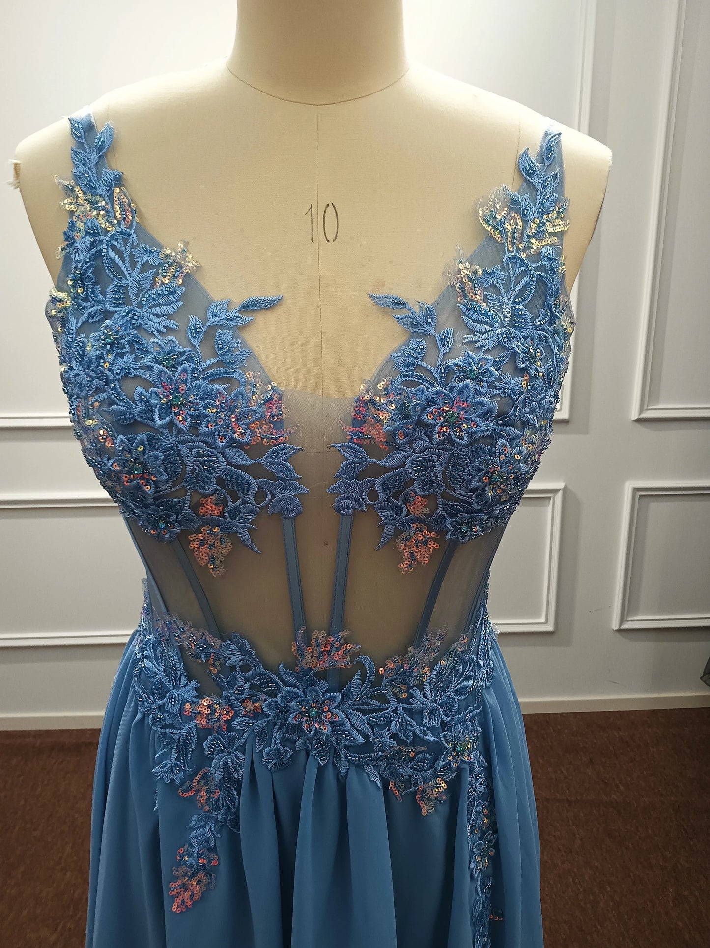 Real Photos Delicate Multi Color Prom Dress V Neck Beaded Appliques Illusion Spaghetti Strap Evening Gowns Lightning Delivery