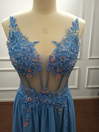 Real Photos Delicate Multi Color Prom Dress V Neck Beaded Appliques Illusion Spaghetti Strap Evening Gowns Lightning Delivery