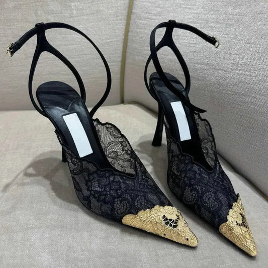 Fashion Lace Sequin Hollow Out Mesh Women Pumps Sexy Pointed Toe Designer Low Heels Slingback Sandals Ladies Shoes