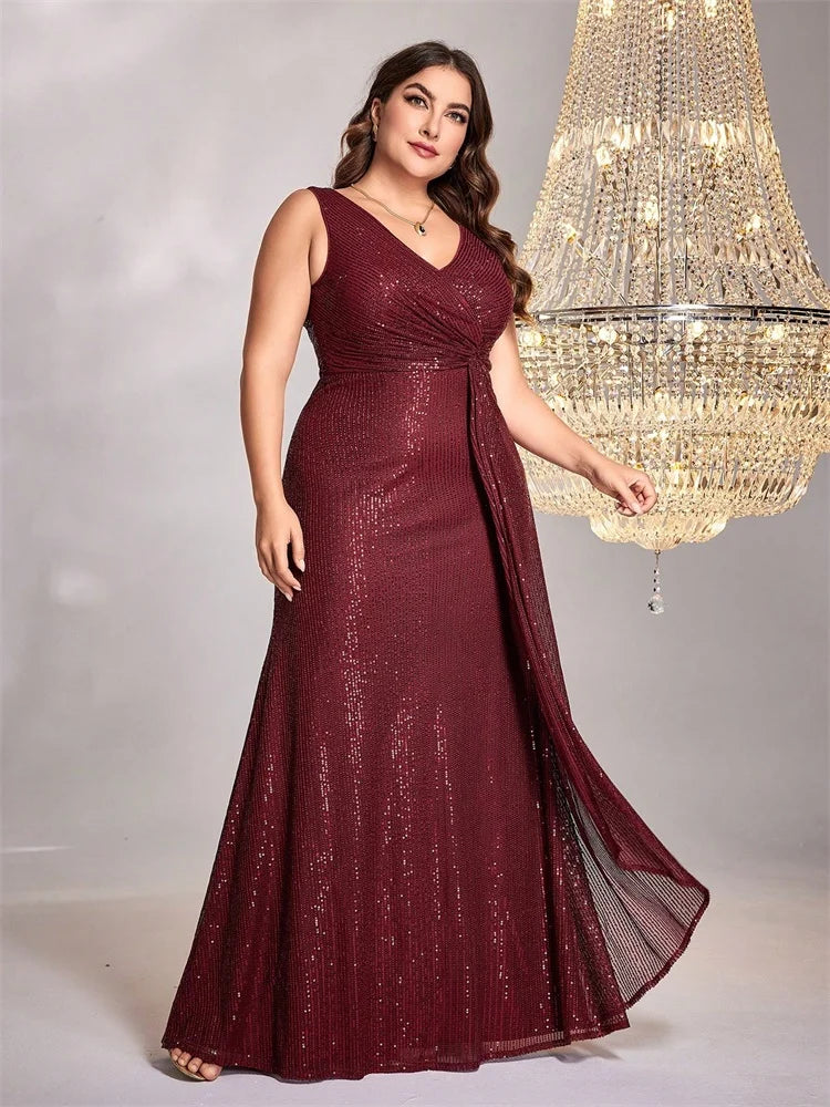 Plus Size Luxury Floor Length V-Neck Evening Dress Elegant Party Women 2025 Sequins Formal Prom Cocktail Graduation Gowns