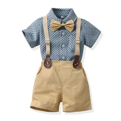 Children Formal Clothing Summer Comfortable Two Piece Set Kid Short Sleeve Shirt Bow Tie Suspenders Shorts Boy Elegant Outfit