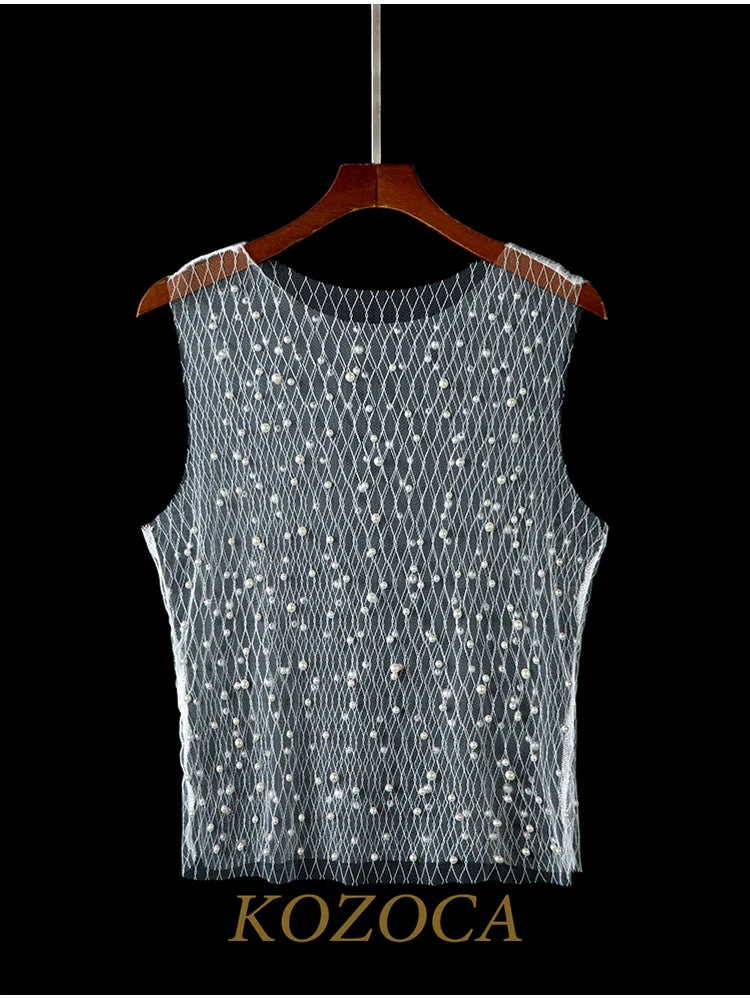 Pearl Tops Club Party Sexy See Through Hollow Tees Chic Beach Bikini Cover Up Female Fashion Unique White Tank Top Women