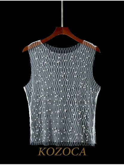 Pearl Tops Club Party Sexy See Through Hollow Tees Chic Beach Bikini Cover Up Female Fashion Unique White Tank Top Women