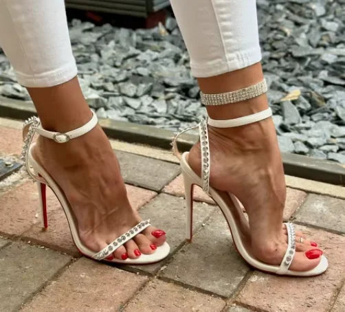 French white rivet strap versatile sexy temperament red sole super high heels open toe sandals fashion sandals round toe