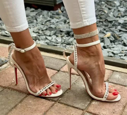 French white rivet strap versatile sexy temperament red sole super high heels open toe sandals fashion sandals round toe