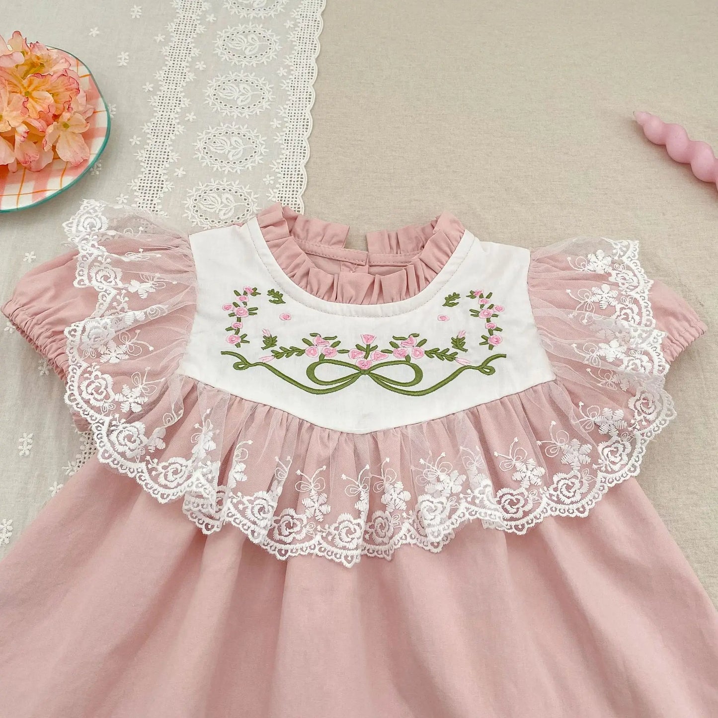 2026 New Summer Sister Clothing Short Sleeved Cotton Embroidery Kids Princess Dress 2-6Y Baby Girl Birthday Party Lace Dress