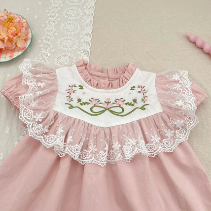 2026 New Summer Sister Clothing Short Sleeved Cotton Embroidery Kids Princess Dress 2-6Y Baby Girl Birthday Party Lace Dress
