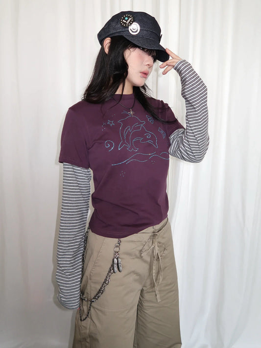 Y2k Vintage T-shirt Women Long Sleeve Patchwork Japanese 2000s Grunge Tops Streetwear American Retro Print Graphic Tops