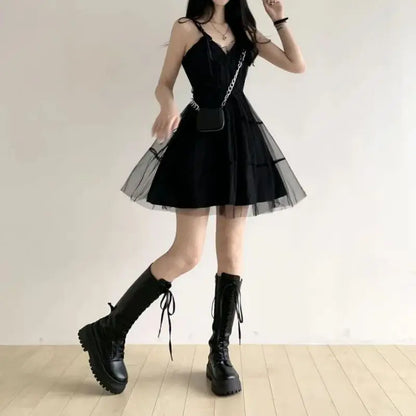 Y2k Black Mesh Women's Ball Gown Dresses 2025 New Sleeveless Strapless V-neck Party Sexy Mini Dress for Womens