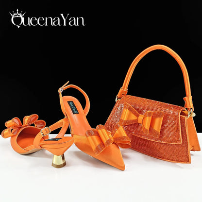 Italian Design High Quality Elegant Butter-fly Design Decoration Peach Color Party Wedding Women Shoes and Bag