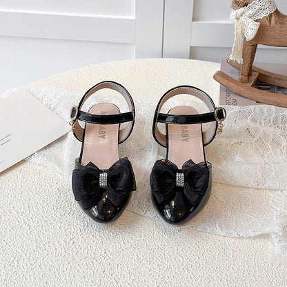 Girls Sandals Fashion Bow Girls High Heels Pink Kid Non-slip Princess Performance Shoes 3-18 Years Old Children's Leather Shoes