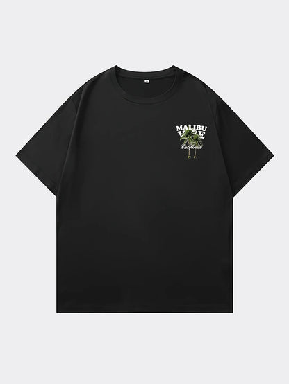 Vibrant Malibu Vibe Tee with Palm Tree and California Lettering Print on White 100% Cotton Men's T-shirt Summer Casual Wear