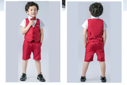 Boys Formal Birthday Photograph Suit Kids Summer Vest Shirt Short Bowtie Wedding Dress Teenager Suit Children Graduation Costume