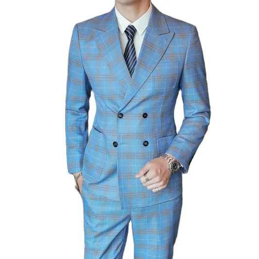 S-5XL ( Blazer + Pants ) Men's High-end Brand Formal Double Breasted Suit Gray 2 Piece Set Wedding Dress Plaid Suit Groom Party