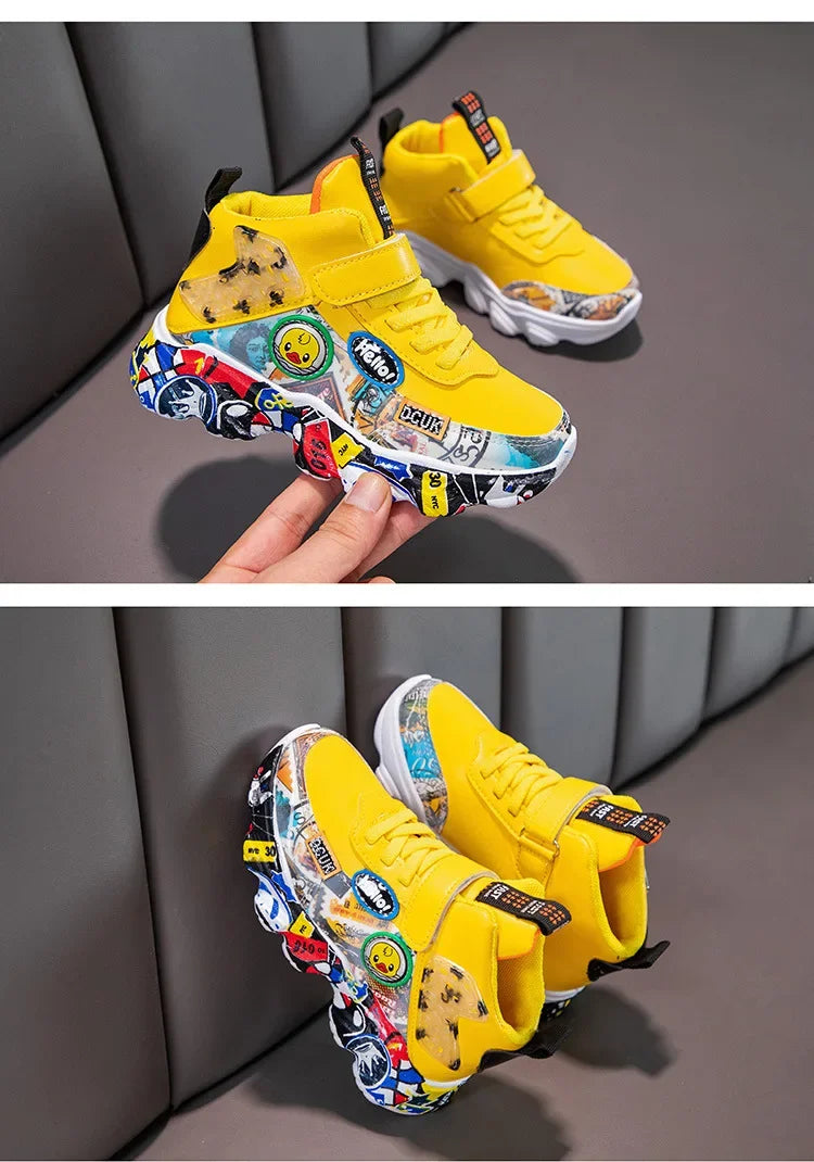 Size 26-37 Children Sports Sneakers for Girls Kid Cartoon Graffiti Pattern Casual Shoes Boys Basketball Shoe Chaussures De Sport