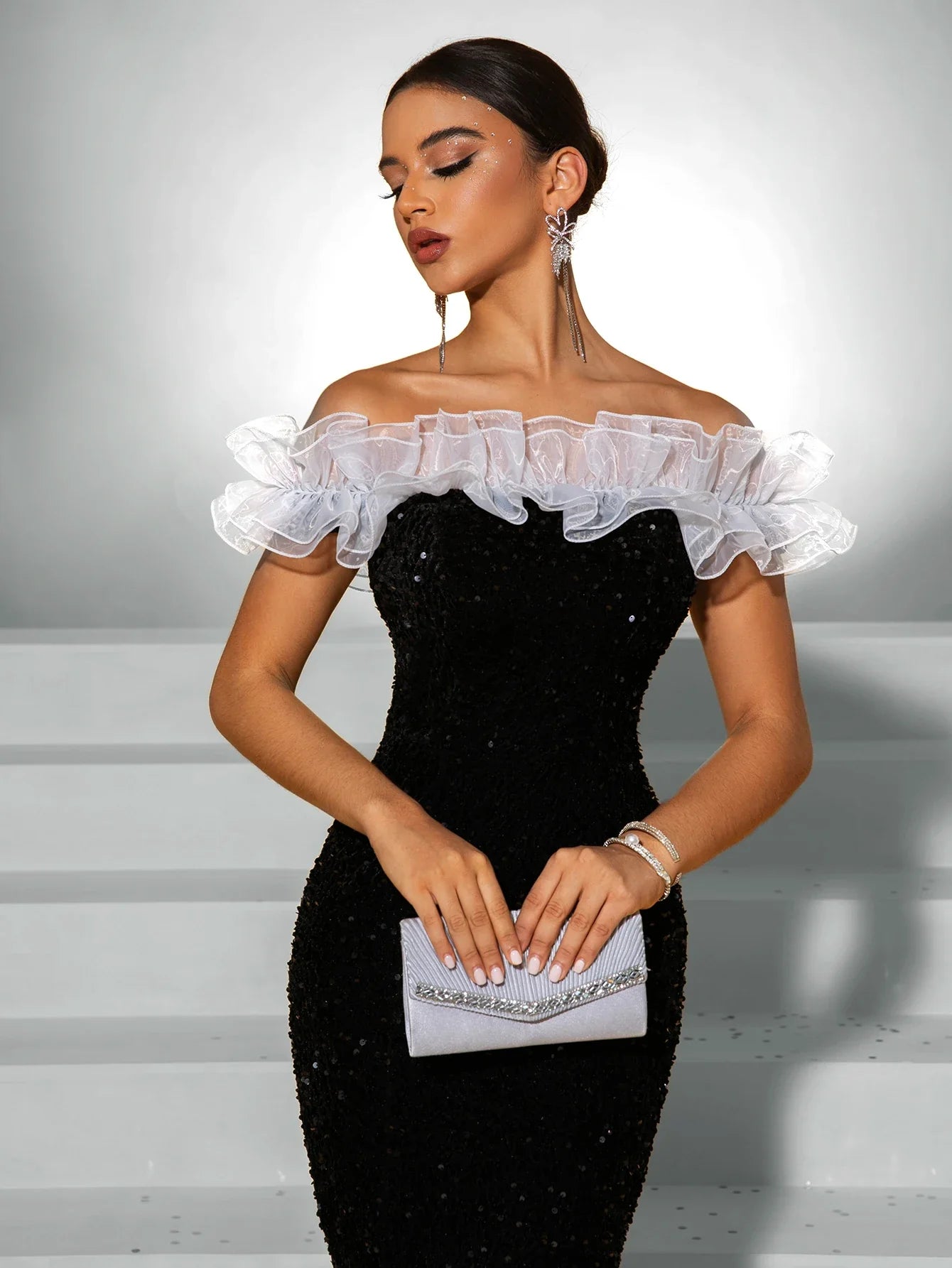 Elegant White One-Shoulder Velvet Dress with Lace Collar Sequin Evening Party Gown Midi Length for Women