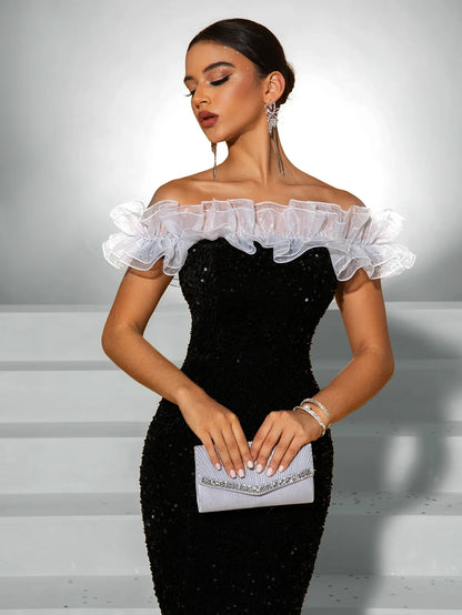 Elegant White One-Shoulder Velvet Dress with Lace Collar Sequin Evening Party Gown Midi Length for Women