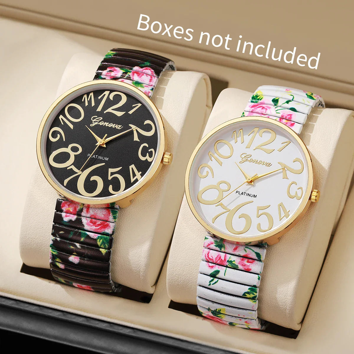 1/2/3/4PCS Fashion Flowers Printed Women Watch Luxury Elastic Strap Arabic Quartz Watches Reloj Mujer Girls Clock（Without Box）