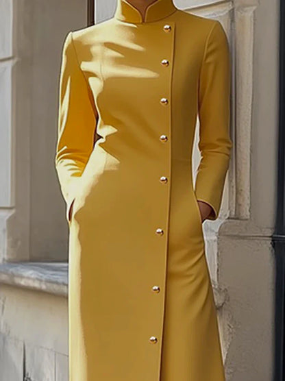 Freeacy Women's Yellow Mandarin Collar Diagonal Long Sleeve Buttoned Maxi Dress for Wedding Guest 2026 Luxury Office Dress