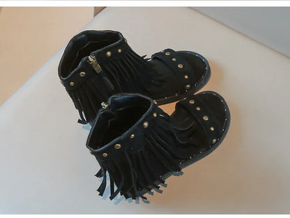 One-strap Summer Roman Shoes for Girls Tassel Rivets High-top Sandals Little Girl Soft Sole Bohemian Dress Shoes Child I06133