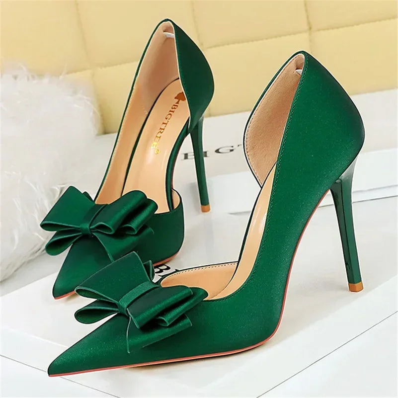 2024 Women 10.5cm High Heels Sweet Korean Side Hollow Pumps Lady Party Purple Green Kawaii Bowknot Heels Prom Silk Satin Shoes