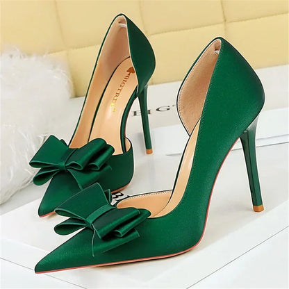 2024 Women 10.5cm High Heels Sweet Korean Side Hollow Pumps Lady Party Purple Green Kawaii Bowknot Heels Prom Silk Satin Shoes