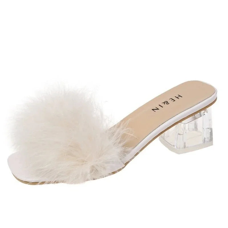 2023 Fluffy Peep Toe Sexy High Heels Women Shoes Fur Feather Lady Fashion Wedding Slip-On Pink Square Toe Women Sandals