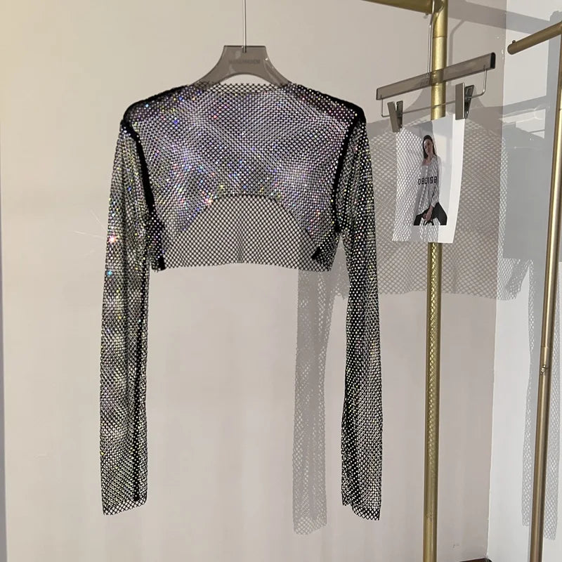 new sexy bright diamond short top Slim thin Ms. hot drill long-sleeved T-shirt sexy leak waist nightclub