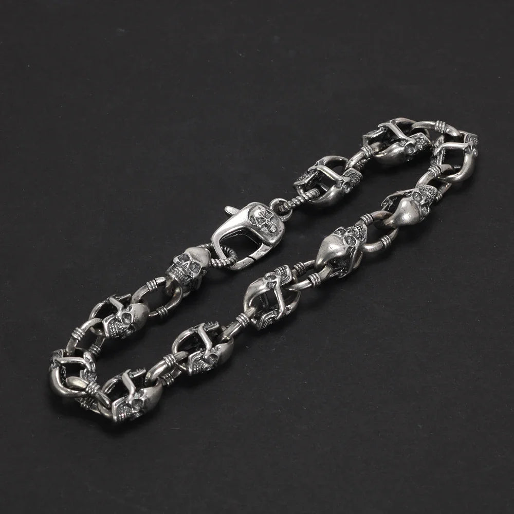 Real 925 Sterling Silver Skull Chain Bracelet for Men and Women Gothic Domineering Street Rock Jewelry Gift
