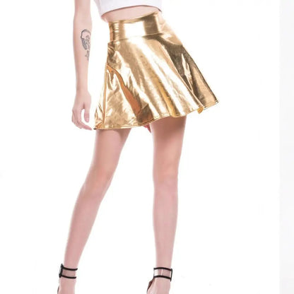 Elegant Metallic Pleated Skirt Gold Silver Flared Design A-line Short Skirt Retro Solid Color Girls Short Mini Skirt Clubwear