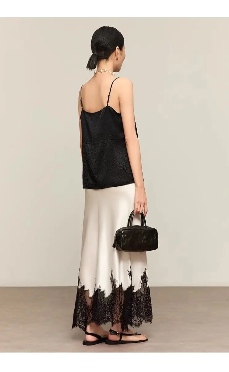 Fairy Elegant Lace Trim Satin Skirt Women High Waist Wrapped Hip Slim Midi Lace Hem Skirt Office Summer Daily Chic Lady Clothes